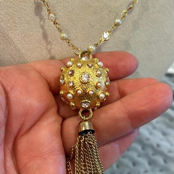 Vintage Leslie Block Pearl & Crystal Ball & Pearl Tassel w 36” Chain Nexklace - Picture 2 of 12